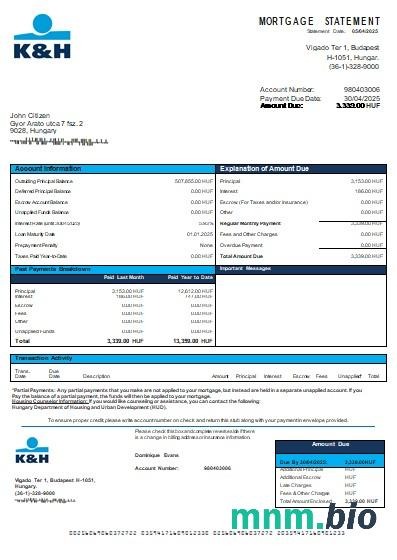 Węgry Bank K&H wyciąg z kredytu hipotecznego szablon Word i PDF